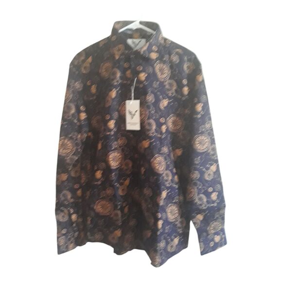 American Breed Casual Wear Mens XXL Navy Gold Stop Watch Chains Longe Sleeves - Picture 1 of 13